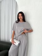 Osy Modal Yumuşak Dokulu Kumaş Bisiklet Yaka T-shirt  Bol Paça Pantalon Ikili Takım - Boyalı Gri resmi